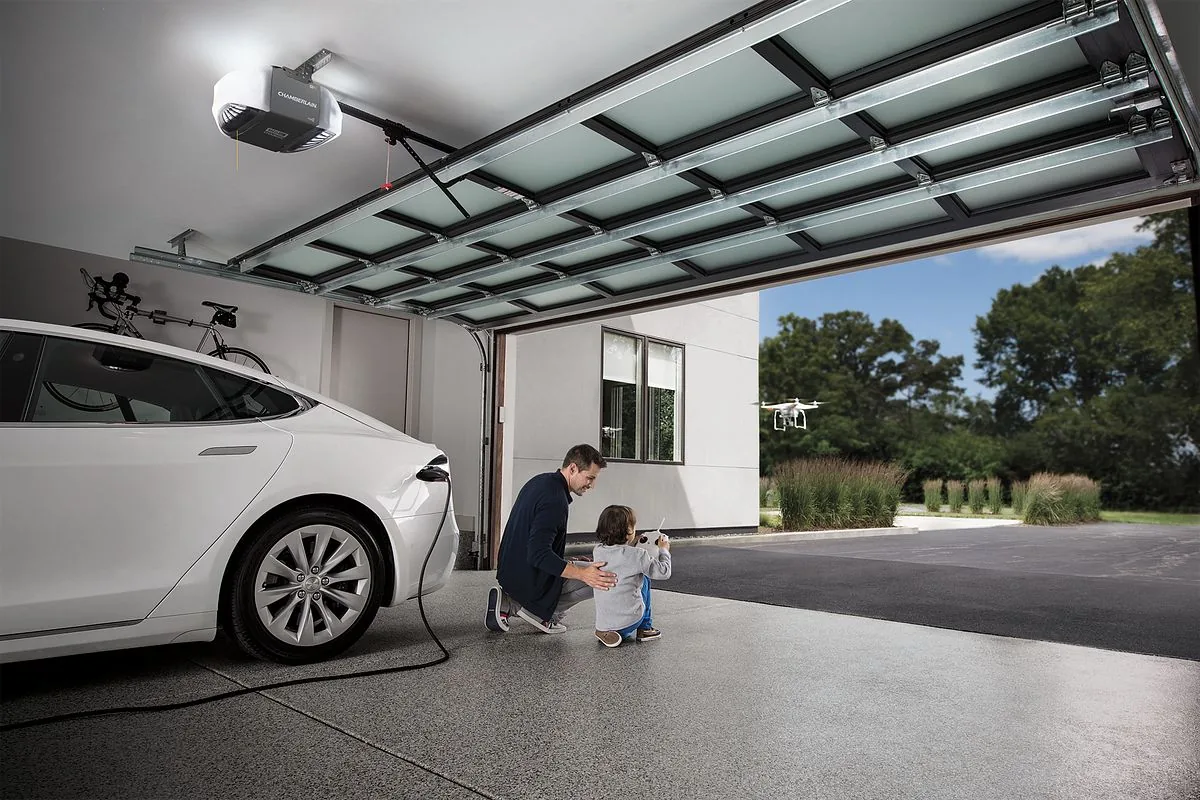 Chamberlain garage door opener mounted in a modern garage